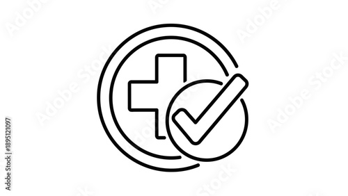 Medical Health Check Icon: Cross Symbol and Checkmark in Circle