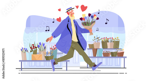 Active senior man Valentine Day flowers bouquet cheerful elderly walking past outdoor flower shop hearts music notes colorful plants