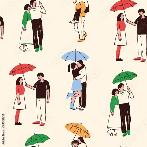 Happy young couples. Hugging, kissing people standing under Umbrellas. Cute characters. Hand drawn Vector illustration. Love, care, happiness, romance, friendship concept. Square seamless Pattern