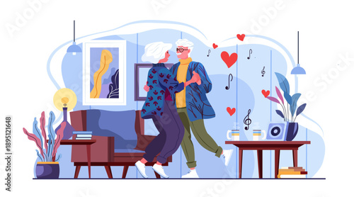 Senior couple dancing romance active aging love music living room plants cozy home decor modern flat style