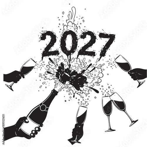Happy New Year 2027 celebration with champagne bottle pop and clinking glasses silhouette illustration
