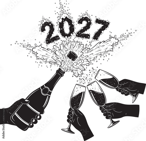 Cheers to 2027! Champagne bottle and clinking glasses in silhouette with sparkling splashes