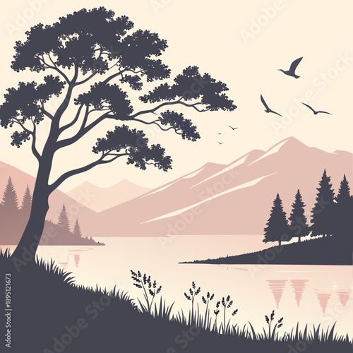 Serene lakeside sunset