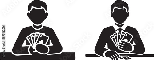 Men holding playing cards, gambling or poker game in silhouette, hands showing cards