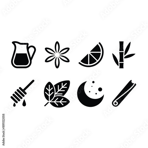 Black and white icons depicting ingredients for herbal tea and infusions