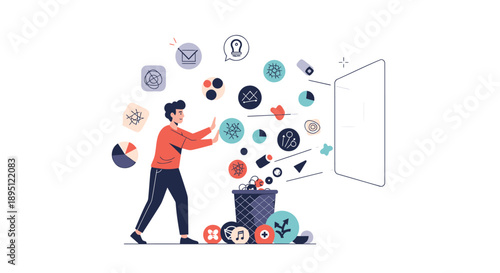Vector illustration of a man throwing away business and technology icons