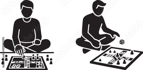 People playing board games, one with dice and pawns, another with game tokens