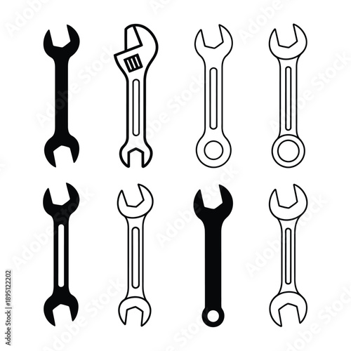 A collection of various black and white wrench tools illustrated in a row