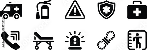 Comprehensive set of safety and emergency icons for healthcare, warnings, and evacuation signs