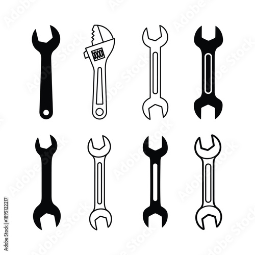 Black and white illustration featuring various wrench tools arranged in rows