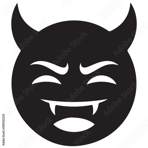 Black Devil Emoji Face Icon with Fangs and Horns