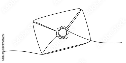 Continuous line drawing of an envelope with a wax seal, symbolizing communication and secret messages Vector, illustration