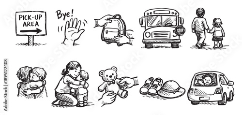This charming black and white illustration depicts various scenes from a child's school day, including goodbyes, the school bus, children holding hands, a teddy bear, and a car.