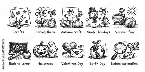 Hand drawn sketch illustration of seasonal holidays and activities icons, showing crafts, spring, autumn, winter, summer, school, Halloween, Valentine's, earth day, and nature.