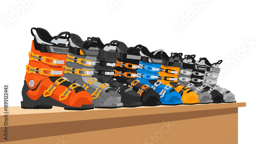 Colorful ski boots collection on display shelf in modern flat design