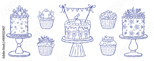Hand drawn vintage ink Easter cakes set. Hand drawn vector spring festive bakery elements