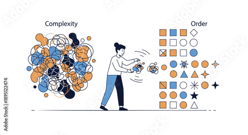 Businessman organizing shapes from chaos to order