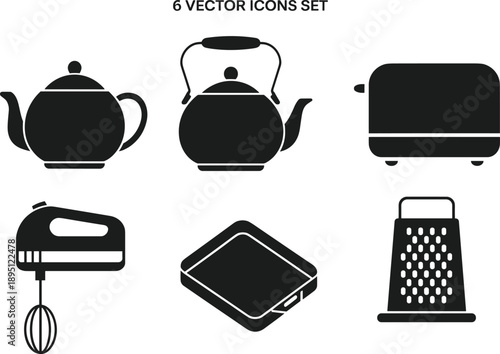 Kitchen appliances vector icons set, teapot kettle toaster mixer grater scale, black silhouette design, cooking equipment symbols isolated white