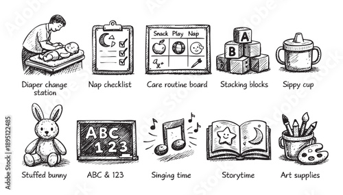 Black and white sketch illustration featuring baby care items, routine checklists, toys, and creative tools, perfect for illustrating parenting, childhood and early education.