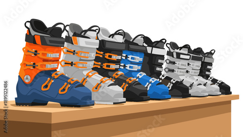 Colorful row of ski boots displayed on a wooden shelf in a flat design