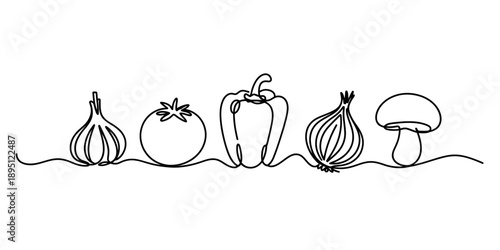 Continuous line art drawing featuring garlic, tomato, bell pepper, onion, and mushroom Vector, illustration