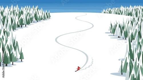 Minimalist winter scene with skier on snowy mountain