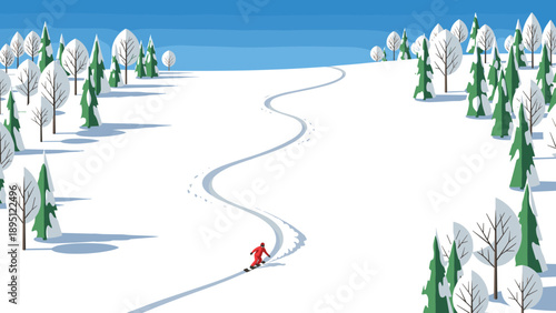 Snowboarder gliding through winter forest in minimalistic flat design