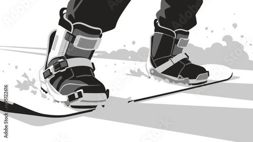 Monochrome snowboard boots in action with snow detail featuring bold silhouette style