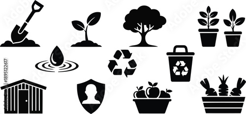 Diverse collection of black icons representing environmental care gardening and agricultural concepts on white