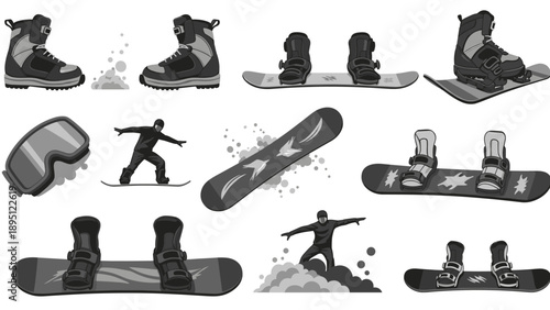 Winter sports gear set featuring snowboards and accessories in black and white design