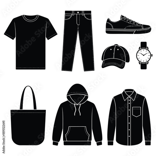 Black silhouette icons of various clothing items and accessories