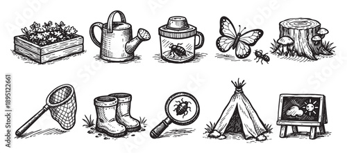 Whimsical hand-drawn illustration depicting gardening and nature elements such as children reading, flowers, campfire, and gardening tools. Perfect for educational or design projects.