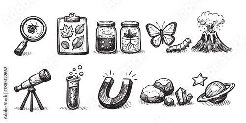 Hand-drawn science doodles depicting nature studies, experiments, and equipment, creating a whimsical feel ideal for educational or creative projects.