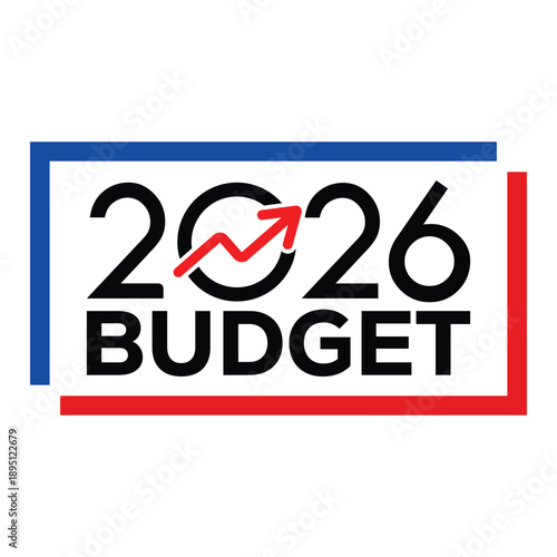 2026 Budget graphic featuring bold black text inside a red and blue geometric frame. Modern layout with numbered blocks, perfect for financial presentations and annual report covers.