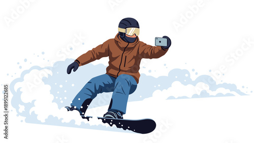 Snowboarder taking selfie in action with snowy background