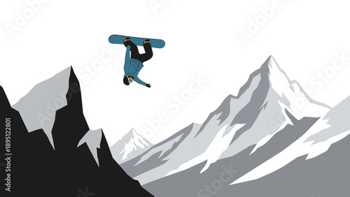 Snowboarder performing a midair trick in mountainous winter landscape