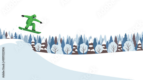 Snowboarder in action: winter forest adventure with snow-covered trees background
