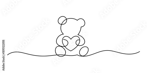 Continuous line art drawing of a sitting teddy bear holding a heart on a white background Vector, illustration