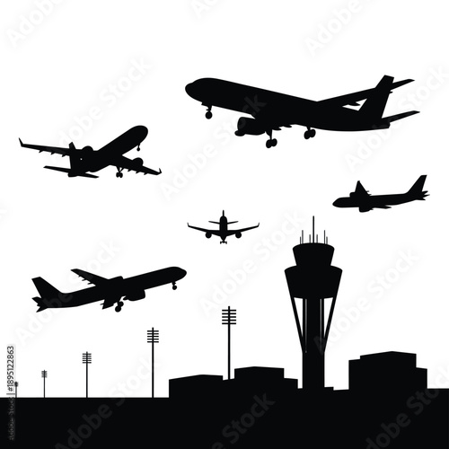 Silhouetted airplanes and control tower against a bright simple background