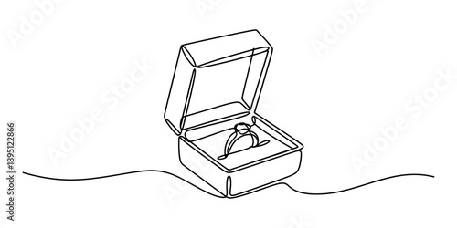 Continuous one line drawing of an open ring box with an engagement ring Vector, illustration