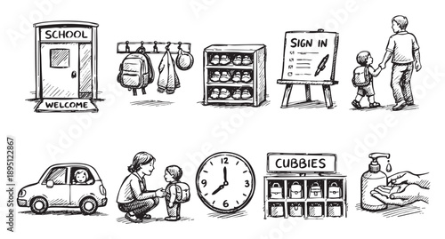 Hand-drawn school sketches depict going back to school, including a school door, parent and child, sanitizing hands, clock, and car.