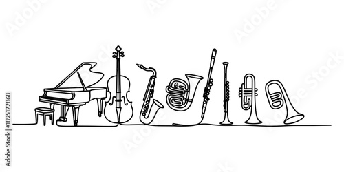 Continuous line drawing of various musical instruments from an orchestra Vector, illustration