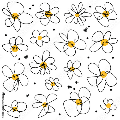 Chamomile, daisy, black and white flowers drawn in a single line.