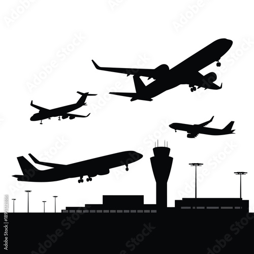 Silhouettes of airplanes and an airport control tower against a white background