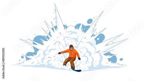 Dynamic snowboarding action with explosive snow burst in a minimalist style