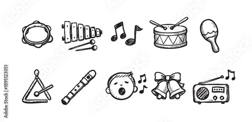Collection of hand-drawn musical instrument doodles, perfect for educational materials, music themed designs, or playful illustrations.