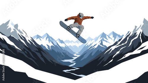 Dynamic snowboarding jump in majestic mountain landscape