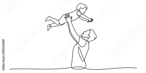 Continuous line drawing of a father lifting his child in the air with love Vector, illustration