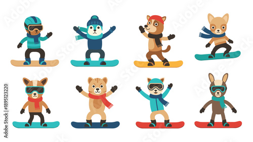 Cute animals snowboarding in winter gear cartoon style