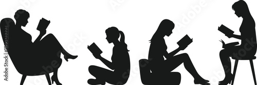 People reading books silhouette set, education and learning concept, relaxed readers illustration, black vector design, knowledge lifestyle artwork isolated